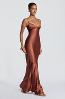 Aubriana | Women's Sweetheart Neck Spaghetti Strap Lace Up Back Satin Maxi Dress
