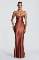 Aubriana | Women's Sweetheart Neck Spaghetti Strap Lace Up Back Satin Maxi Dress
