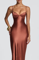 Aubriana | Women's Sweetheart Neck Spaghetti Strap Lace Up Back Satin Maxi Dress