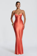 Aubriana | Women's Sweetheart Neck Spaghetti Strap Lace Up Back Satin Maxi Dress