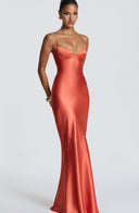 Aubriana | Women's Sweetheart Neck Spaghetti Strap Lace Up Back Satin Maxi Dress