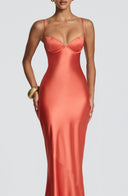 Aubriana | Women's Sweetheart Neck Spaghetti Strap Lace Up Back Satin Maxi Dress