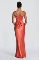 Aubriana | Women's Sweetheart Neck Spaghetti Strap Lace Up Back Satin Maxi Dress