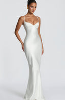 Aubriana | Women's Sweetheart Neck Spaghetti Strap Lace Up Back Satin Maxi Dress