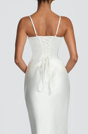 Aubriana | Women's Sweetheart Neck Spaghetti Strap Lace Up Back Satin Maxi Dress