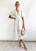 Bailey | Women’s Grid Textured Puff Sleeve Midi Wedding Guest Dress