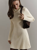 Belinda | Women's Ribbed Knit Mock Neck Long Sleeve Flared Mini Dress