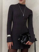 Belinda | Women's Ribbed Knit Mock Neck Long Sleeve Flared Mini Dress