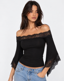 Beverly | Women's Off Shoulder Lace Trim Bell Sleeve Cropped Top