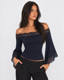 Beverly | Women's Off Shoulder Lace Trim Bell Sleeve Cropped Top