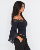 Beverly | Women's Off Shoulder Lace Trim Bell Sleeve Cropped Top