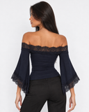Beverly | Women's Off Shoulder Lace Trim Bell Sleeve Cropped Top
