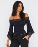 Beverly | Women's Off Shoulder Lace Trim Bell Sleeve Cropped Top