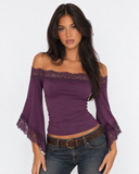 Beverly | Women's Off Shoulder Lace Trim Bell Sleeve Cropped Top
