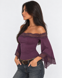 Beverly | Women's Off Shoulder Lace Trim Bell Sleeve Cropped Top
