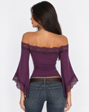 Beverly | Women's Off Shoulder Lace Trim Bell Sleeve Cropped Top