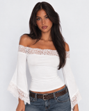 Beverly | Women's Off Shoulder Lace Trim Bell Sleeve Cropped Top