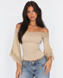 Beverly | Women's Off Shoulder Lace Trim Bell Sleeve Cropped Top