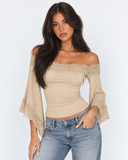 Beverly | Women's Off Shoulder Lace Trim Bell Sleeve Cropped Top
