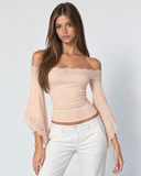 Beverly | Women's Off Shoulder Lace Trim Bell Sleeve Cropped Top