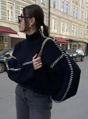 Blaise | Women's Long Sleeve Contrast Stitch Knit Sweater Turtleneck