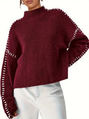 Blaise | Women's Long Sleeve Contrast Stitch Knit Sweater Turtleneck