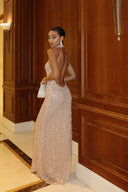 Breanna | Women's High Neck Halter Open Back Sleeveless Floor Length Sequin Maxi Dress