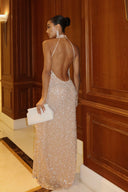 Breanna | Women's High Neck Halter Open Back Sleeveless Floor Length Sequin Maxi Dress