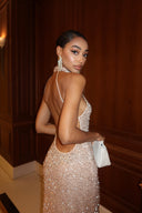 Breanna | Women's High Neck Halter Open Back Sleeveless Floor Length Sequin Maxi Dress