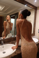 Breanna | Women's High Neck Halter Open Back Sleeveless Floor Length Sequin Maxi Dress
