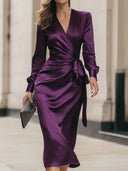 Bristol | Women's Draped Wrap Front Long Sleeve Midi Dress