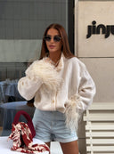Britney | Women's V Neck Button Front Long Sleeve Feather Trim Knit Cardigan