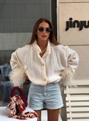 Britney | Women's V Neck Button Front Long Sleeve Feather Trim Knit Cardigan