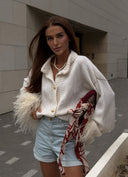 Britney | Women's V Neck Button Front Long Sleeve Feather Trim Knit Cardigan