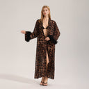 Bruna | Women's Leopard Print Open Front Maxi Robe with Feather Cuffs