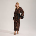 Bruna | Women's Leopard Print Open Front Maxi Robe with Feather Cuffs