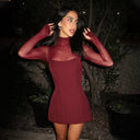 Bryana | Women's Mock Neck Sheer Long Sleeve Flared Hem Mesh Panel Mini Dress