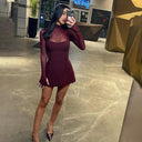 Bryana | Women's Mock Neck Sheer Long Sleeve Flared Hem Mesh Panel Mini Dress