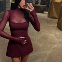 Bryana | Women's Mock Neck Sheer Long Sleeve Flared Hem Mesh Panel Mini Dress