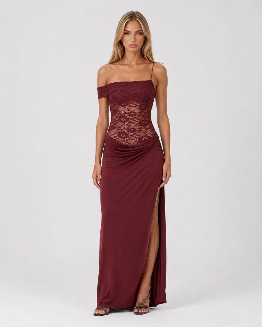 Caitlin | Women's Floral Lace Asymmetric Neck Maxi Dress with High Slit