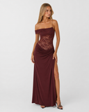 Caitlin | Women's Floral Lace Asymmetric Neck Maxi Dress with High Slit