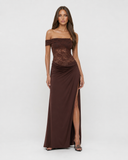 Caitlin | Women's Floral Lace Asymmetric Neck Maxi Dress with High Slit