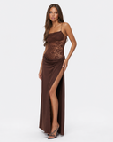 Caitlin | Women's Floral Lace Asymmetric Neck Maxi Dress with High Slit