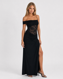 Caitlin | Women's Floral Lace Asymmetric Neck Maxi Dress with High Slit