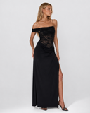 Caitlin | Women's Floral Lace Asymmetric Neck Maxi Dress with High Slit