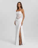 Caitlin | Women's Floral Lace Asymmetric Neck Maxi Dress with High Slit
