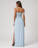 Caitlin | Women's Floral Lace Asymmetric Neck Maxi Dress with High Slit