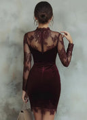 Calanthe | Women's High Neck Sheer Lace Long Sleeve Lace Hem Velvet Mini Dress