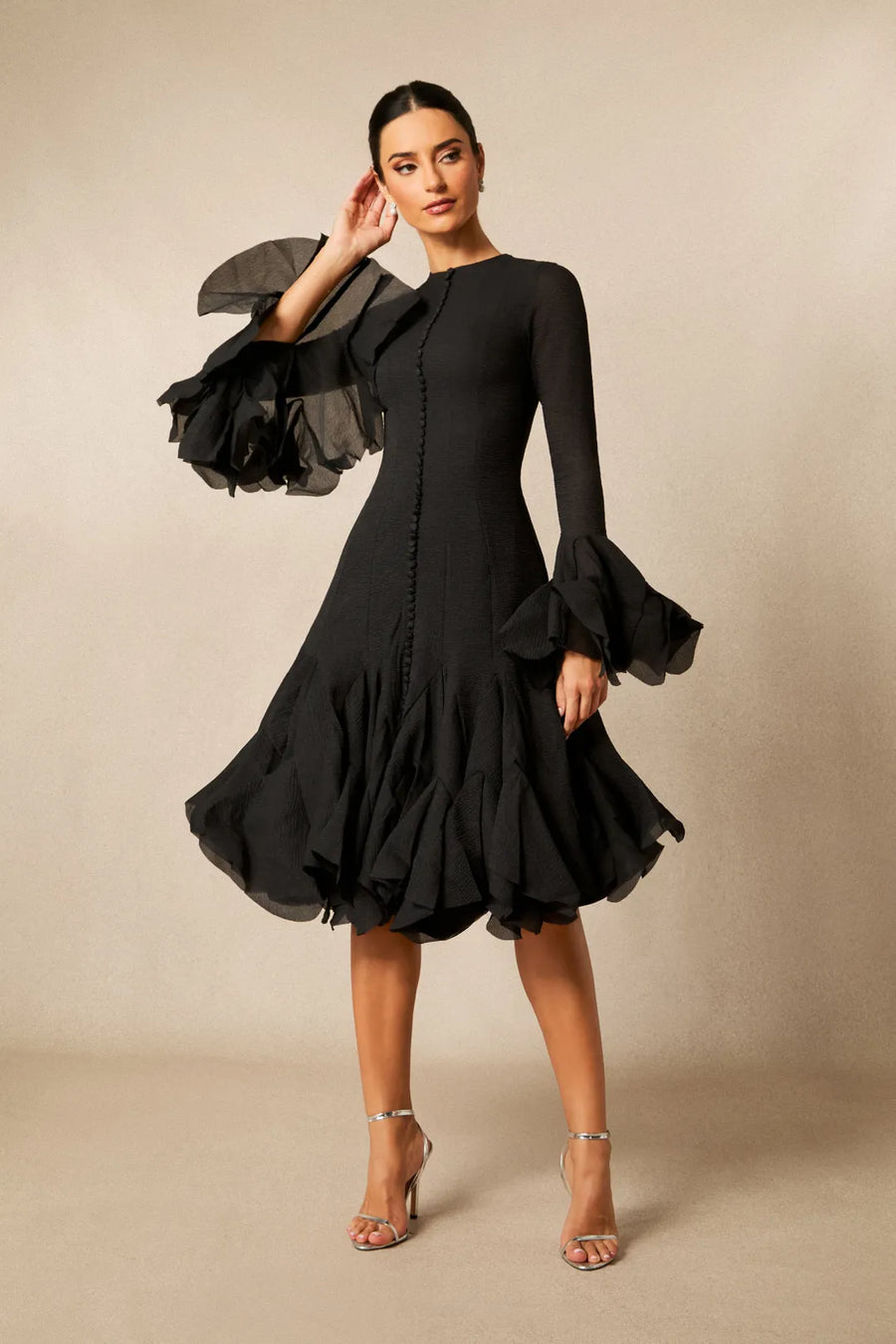 Campbell | Women's Layered Ruffle Sleeve Button Front Mini Dress