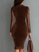 Carina | Women's High Neck Sheer Lace Long Sleeve Velvet Cutout Midi Dress